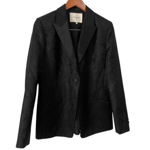 Lafayette 148 Flora Bloom Wool Silk Blazer US 8 Jacquard Suit Jacket Black Tie - Picture 15 of 16